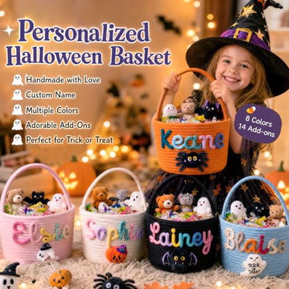 Personalized Halloween Rope Basket with Name for Kids - Candy Carrier, Multi-Color Options