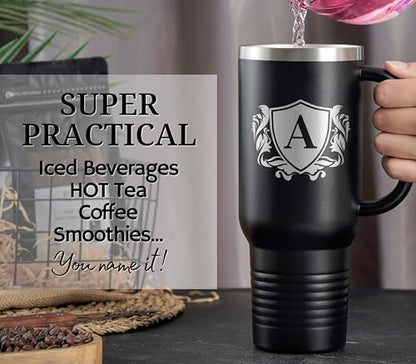 Personalized 40 oz Tumbler with Handle and Straw - G Variation, Custom Monogram Travel Mug for Men