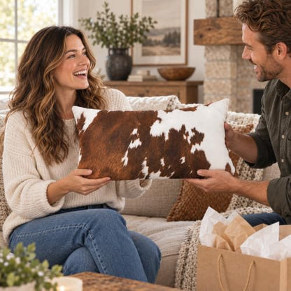 Brown Cowhide Print Lumbar Throw Pillow 12x20 Inch with Full Insert - Rustic Farmhouse Decor
