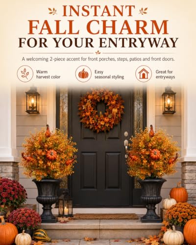 2pcs Artificial Fall Pumpkin Tree Stakes 22 Inch Orange Topiary with Eucalyptus
