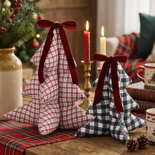 Pinkunn 2-Piece Christmas Tree Pillow Set with Velvet Bow - Red & Green Plaid