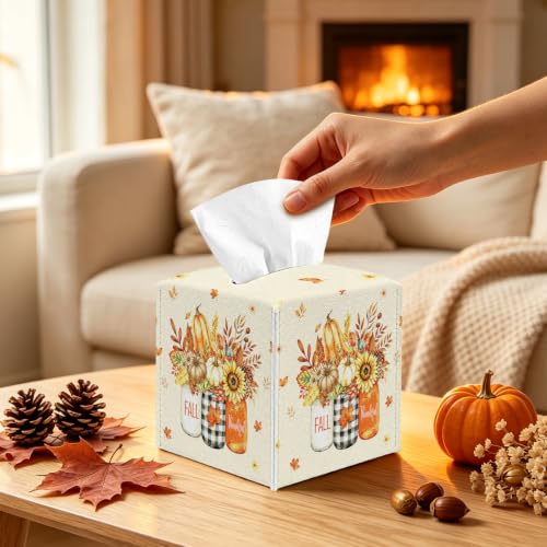 Fall Tissue Box Cover - Autumn Pumpkin & Maple Leaves PU Leather Decor