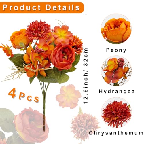 Fall Artificial Flower Bouquet Set - Burnt Orange Peony & Chrysanthemum Decor, 2 Bundles