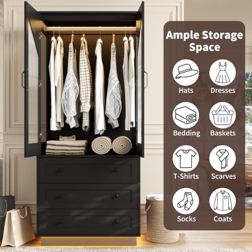 Gyfimoie Tall Armoire Wardrobe Closet with 2 Doors and 3 Drawers - Black Variation