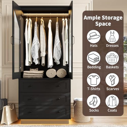 Gyfimoie Tall Armoire Wardrobe Closet with 2 Doors and 3 Drawers - Black Variation
