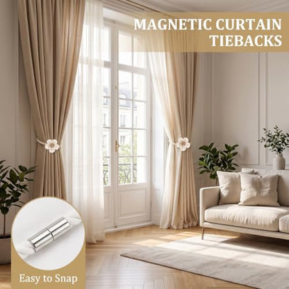Magnetic Curtain Tiebacks 2 Pack - Boho Flower Cotton Linen Holdbacks for Bedroom Nursery Living Room