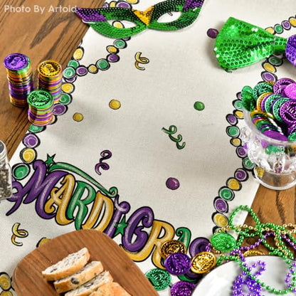 Irises Mask Carnival Mardi Gras Table Runner 13x120 Inches Purple for Holiday & Party Decor