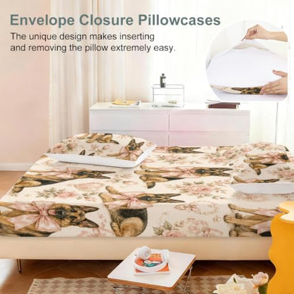 Twin German Shepherd Floral Fitted Sheet Set - Pink Bow Shepherd Variation