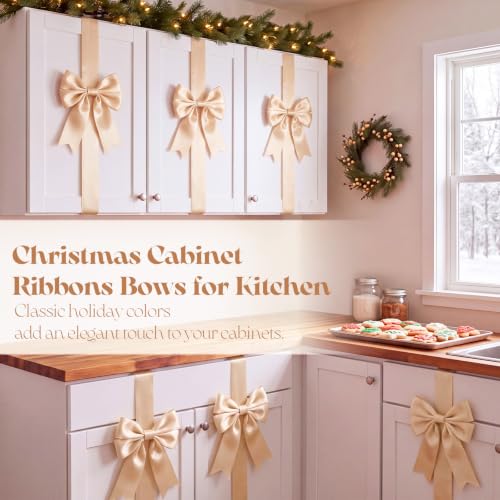 Champagne Christmas Cabinet Bows 12 Pcs Satin Decor for Kitchen & Holiday
