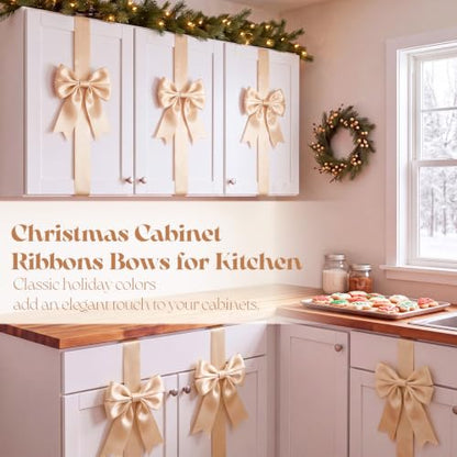 Champagne Christmas Cabinet Bows 12 Pcs Satin Decor for Kitchen & Holiday