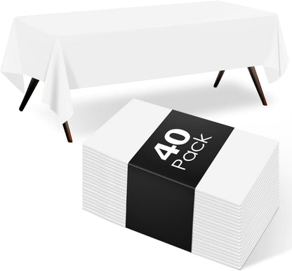 Skiennix Disposable White Plastic Tablecloths - 40 Pack, 54"x108" Rectangle Covers for Parties