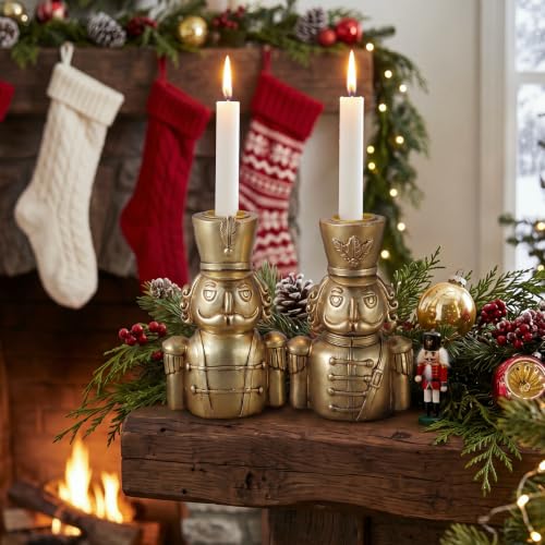 Gold Taper Candle Holders Set - Christmas Nutcracker Soldier Variation