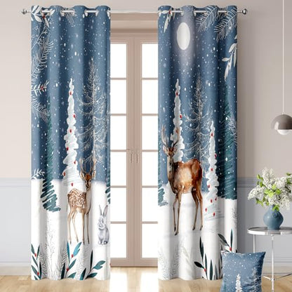 Winter Deer Holiday Blackout Curtains - Snowflake Forest Design, 2 Panels 52x84 Inch - Variation of THIS listing
