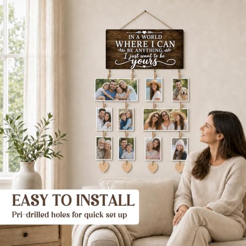AWSICE Family Photo Frame Display with Clips & Sign Board - Dark Walnut