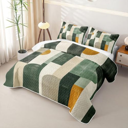Fern & Marigold Geometric Quilt Set Twin - Mid-Century Modern Bedding with Pillowcases