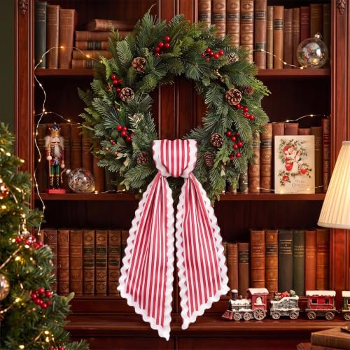 Christmas Wreath Sash Red White Striped Front Door Decoration - Variation D