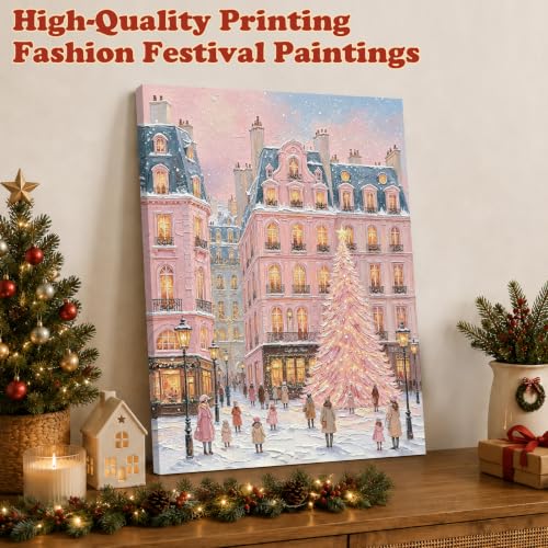 Pastel Pink Christmas Tree Landscape Wall Art - 11x14 Framed Holiday Decor