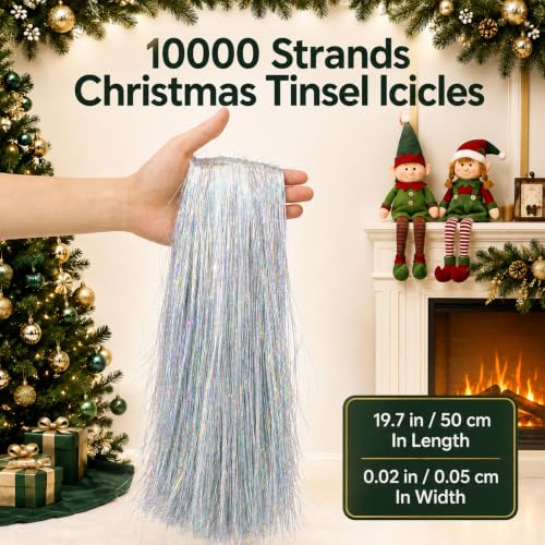 Iridescent Christmas Tree Tinsel Garlands - 10,000 Silver Icicles, 20 Inch