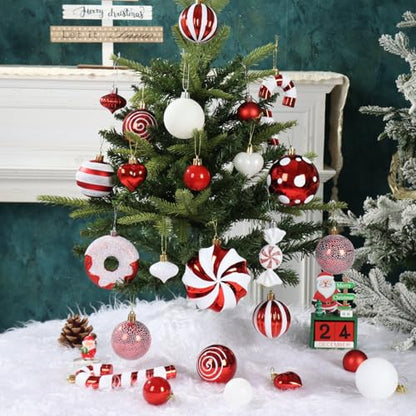 Red & White Christmas Ornaments Set - Candy Cane & Donut Theme, 105 Pcs