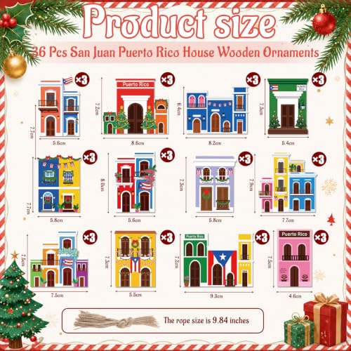 Puerto Rico Wooden Ornament Set - San Juan Holiday Decorations, 36 Pieces