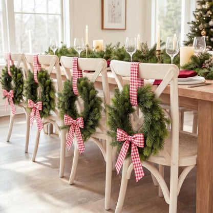 12 Pcs Mini Christmas Wreaths for Cabinets with Gingham Bow - Farmhouse Decor