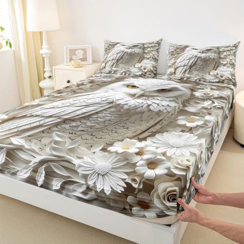 Manfei King Size Kids Bedding Set - 3D Owl White Rose Daisy Flower 4 Piece