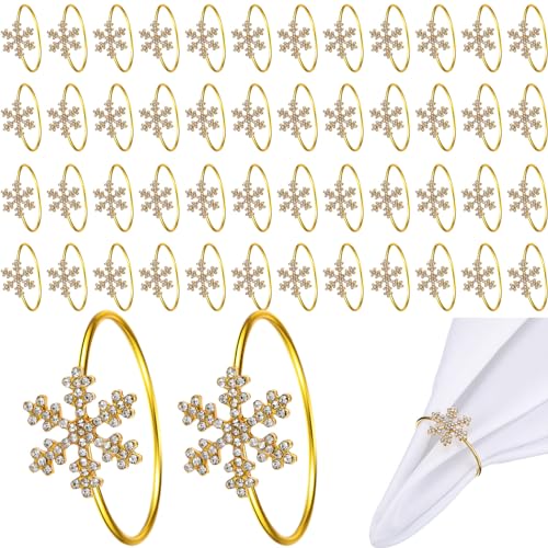 Christmas Snowflake Napkin Rings Set - Gold 12 Pcs Rhinestone Holiday Decor