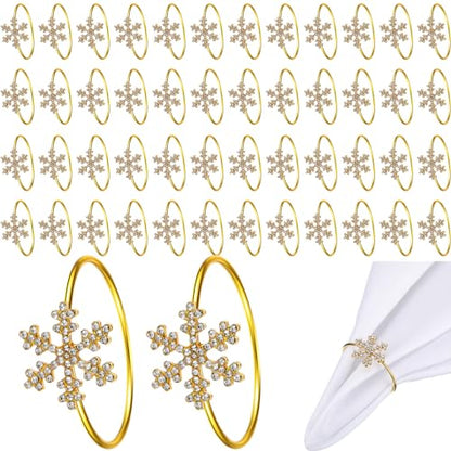 Christmas Snowflake Napkin Rings Set - Gold 12 Pcs Rhinestone Holiday Decor