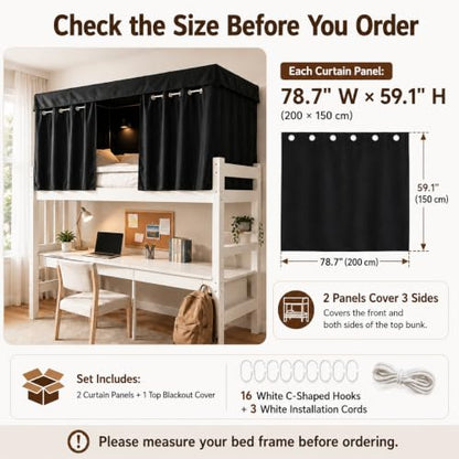 Blackout Bunk Bed Curtains for Dorms and Top Bunk Beds - Privacy & Light Blocker