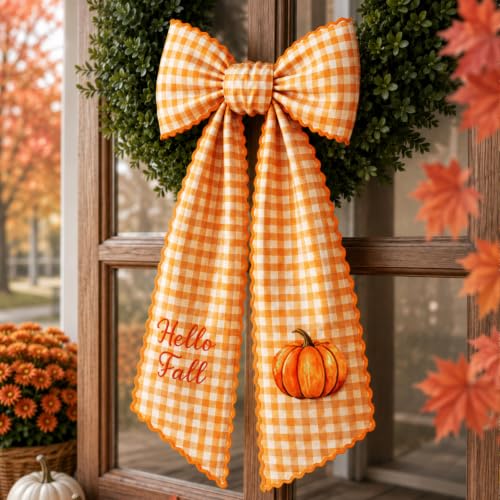 Fall Wreath Sash with Watercolor Pumpkin and Plaid Pattern - 55.1" x 4.7"