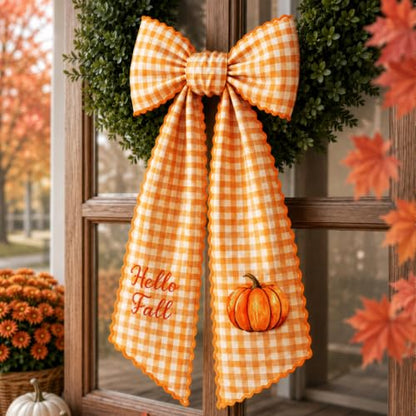Fall Wreath Sash with Watercolor Pumpkin and Plaid Pattern - 55.1" x 4.7"