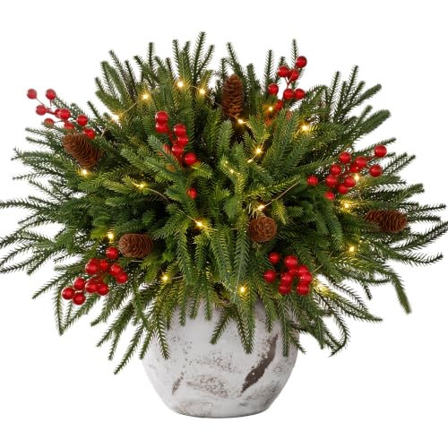 Green Pine Branches with LED Lights and Berries - 24 Piece Holiday Decor Set