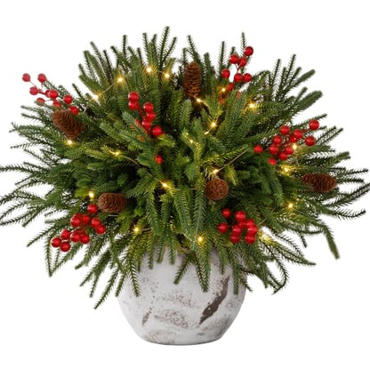 Green Pine Branches with LED Lights and Berries - 24 Piece Holiday Decor Set