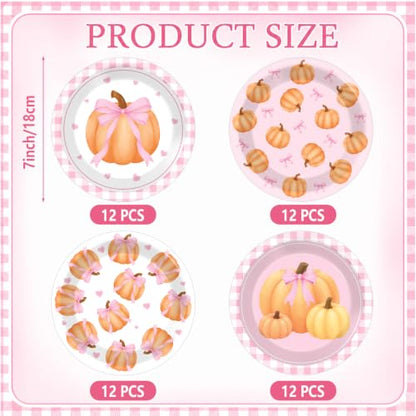 Pink Bow Pumpkin Paper Plates Set for Fall Thanksgiving Party - 48 Pieces