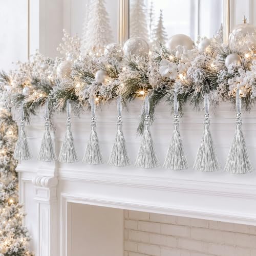 Silver Christmas Tinsel Tassel Ornaments - 12 Pack Holiday Tree Decor