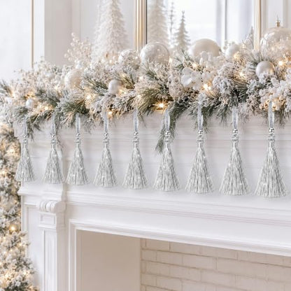 Silver Christmas Tinsel Tassel Ornaments - 12 Pack Holiday Tree Decor