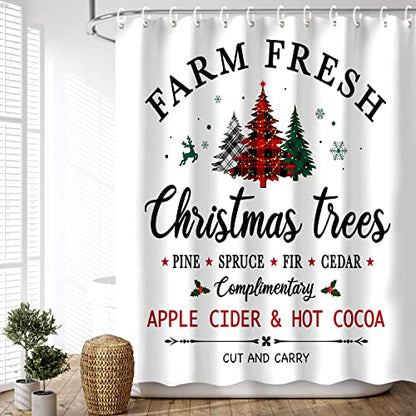 Colorful Farm Christmas Shower Curtain - 72x72 Inches Waterproof Xmas Decor - Farm Tree Pattern