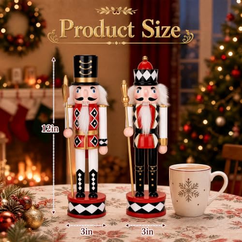 2-Piece 12-Inch Wooden Christmas Nutcracker Decor Set - Checkered Soldier Figures