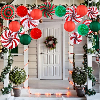 Christmas Candy Hanging Decorations Set - Red & Green, 21 Pcs with Fans, Pom Poms & Lanterns - Variation of Candy