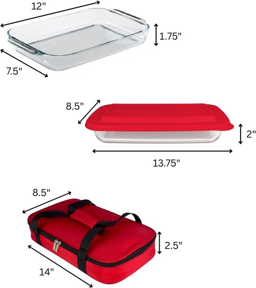 HW1236 Glass Casserole - Insulated Bag for Hot & Cold Food | Perfect for Picnics & Potlucks - 12"x7.5"x2" - Red