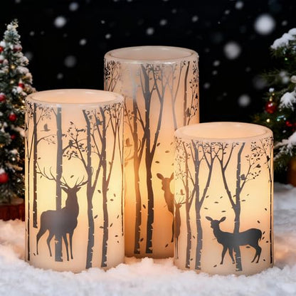 3-Birch Silver Reindeer Christmas Flameless Pillar Candles with 6H Timer