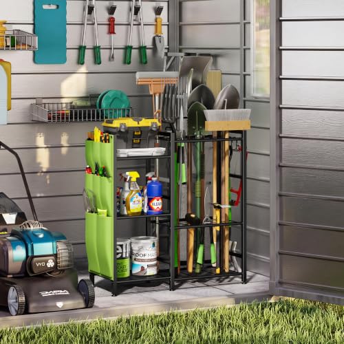 Garden Tool Organizer with Side Pouch 3-Tier Yard Storage Rack