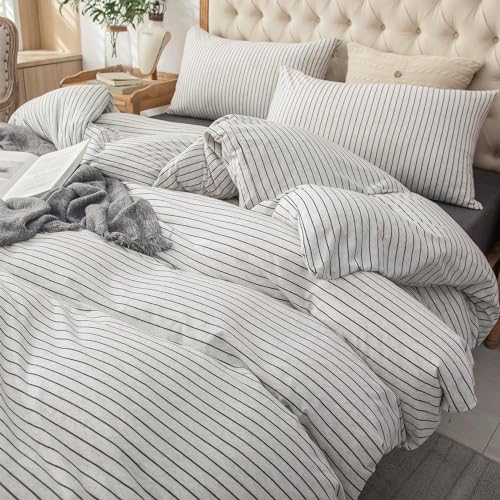 PURE ERA Jersey Knit Duvet Cover Set 100% T-Shirt Heather Cotton Super Soft Comfy Classic Striped Design, with Zipper Closure, Heather Black & White Pinstripe, Queen