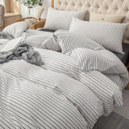 PURE ERA Jersey Knit Duvet Cover Set 100% T-Shirt Heather Cotton Super Soft Comfy Classic Striped Design, with Zipper Closure, Heather Black & White Pinstripe, Queen