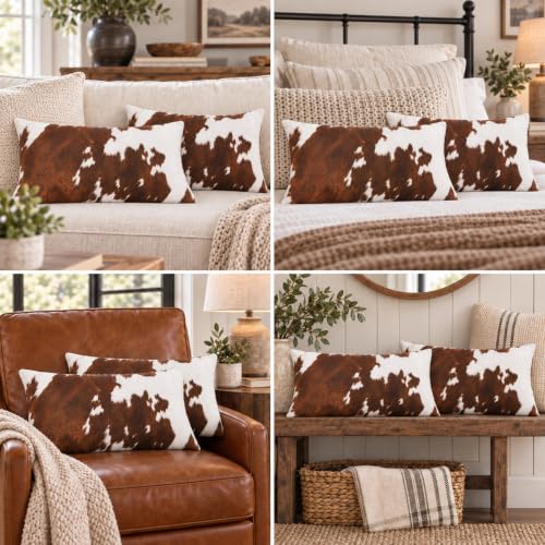 Brown Cowhide Print Lumbar Throw Pillow 12x20 Inch with Full Insert - Rustic Farmhouse Decor