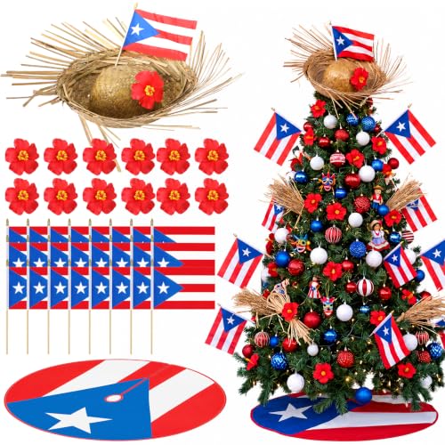 Puerto Rico Christmas Tree Decor Kit with Flag Skirt & Straw Topper - 47.2 Inch - Variation of 38 / 47.2 Inches