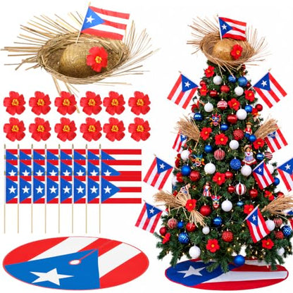 Puerto Rico Christmas Tree Decor Kit with Flag Skirt & Straw Topper - 47.2 Inch - Variation of 38 / 47.2 Inches