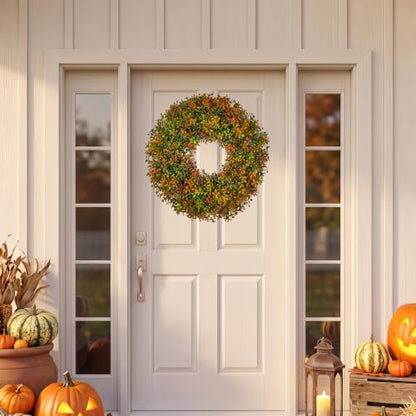 Boxwood Fall Wreath for Front Door - 24in Artificial Autumn Decor, Farmhouse Outdoor Seasonal Decoration