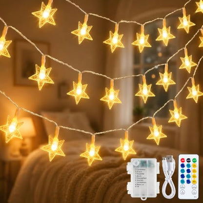 19FT 50 LED Warm White Star String Lights - Battery & USB Powered, Remote Control, Waterproof