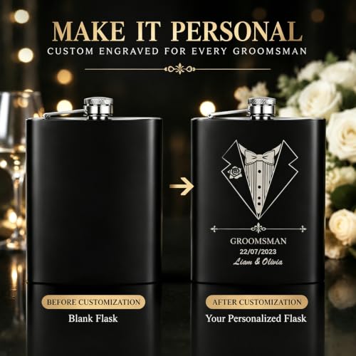 Custom Photo Engraved Flask for Men - Silver & Black Personalized Groomsmen Gift
